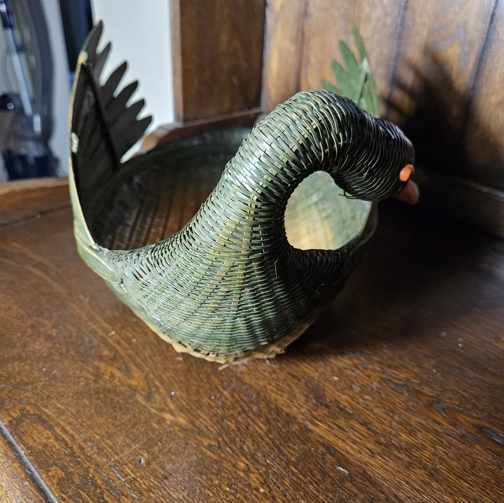 Vintage Canadian Duck Green and Orange Shaped Basket .